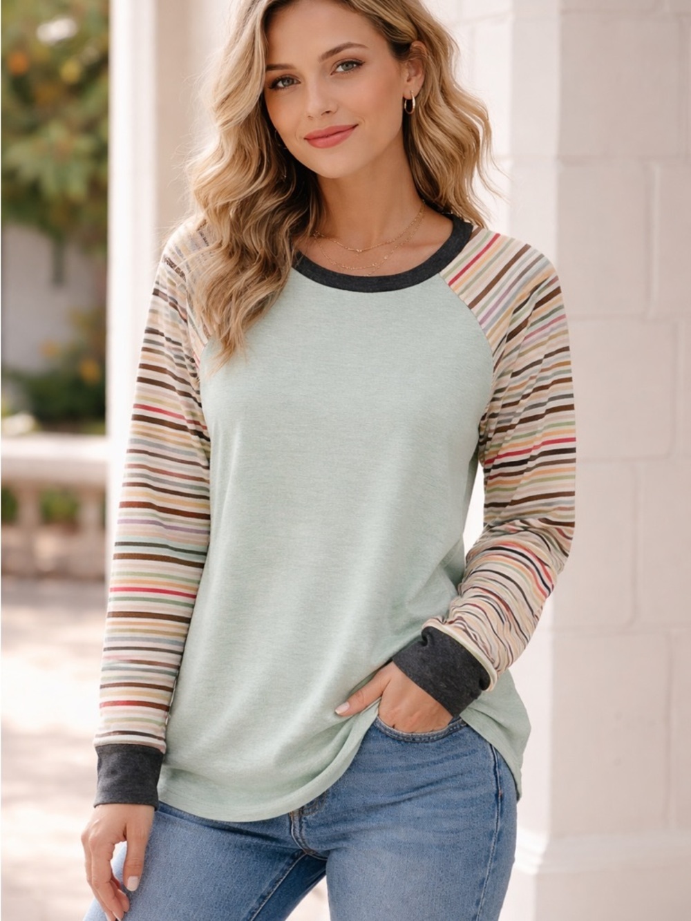 Mystree Mint Raglan Long-Sleeve Top with Striped Sleeves - size small